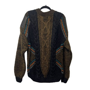Vintage Street Scenes Men’s Sweater Leather Patches size L Cable Knit Geometric